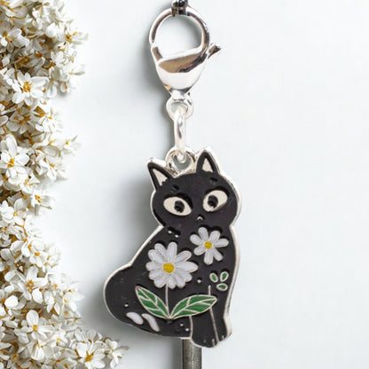 Black Cat Daisy Clip-on Charm, Zipper Pull, Bag Accessory, Cat Lover Gift
