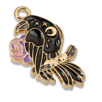 4-Pack Gothic Raven Charms Set, Black & Pink Enamel Pieces for Jewelry Crafting