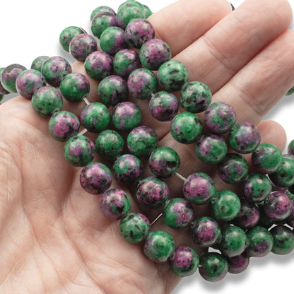 10mm Ruby Zoisite Beads, Round Green Pink Gemstone, Full Strand for DIY Jewelry