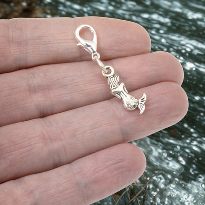 Silver Mermaid Clip-on Charm, Ocean Theme Purse Accessory, Beach Jewelry for Bags, Keychains, Zippers