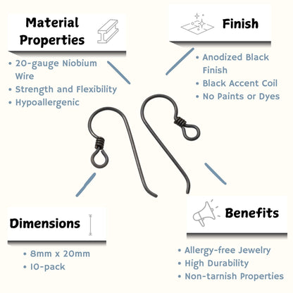 Black Niobium Ear Wires with Coil Accent, 4-Pack Hypoallergenic Earring Hooks, USA Made