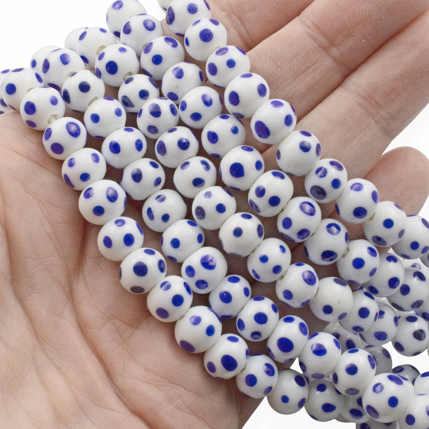 Blue Dots White Lampwork Glass Beads, Handmade Indonesian, 8mm Round Spotted Beads, 58Pcs per 17" Strand
