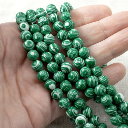 Composite Malachite Beads: Green White Striped 8mm Round Synthetic Stone Strand for Jewelry Making
