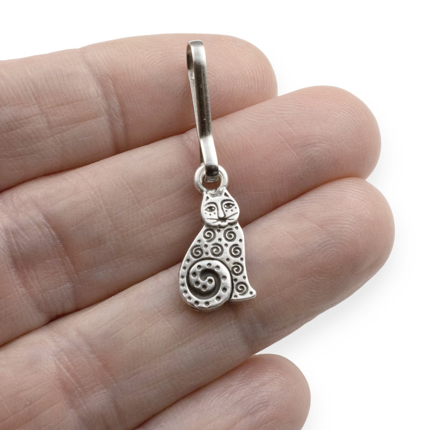 Silver Sitting Cat Zipper Charm: Double Sided Spiral Design Bag Journal Keychain Gift for Cat Lovers