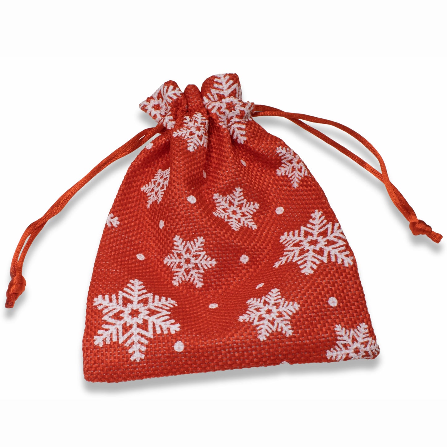 5 Red + White Snowflake Fabric Drawstring Bags, Christmas Cloth Pouches