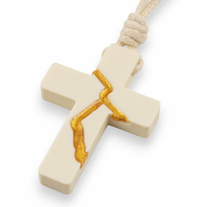 Ivory Kintsugi Cross Necklace, Inspirational Wearable Art, Handmade Pendant, Meaningful Gift, Japanese Philosophy Jewelry