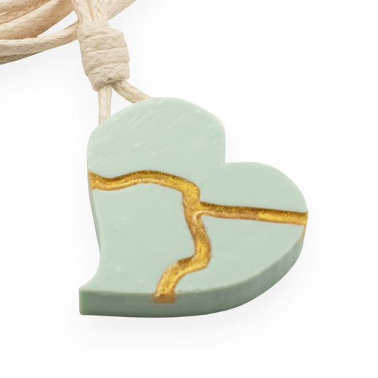 Kintsugi Heart Necklace: Sage Green Wearable Art Inspiration Gift Handmade USA