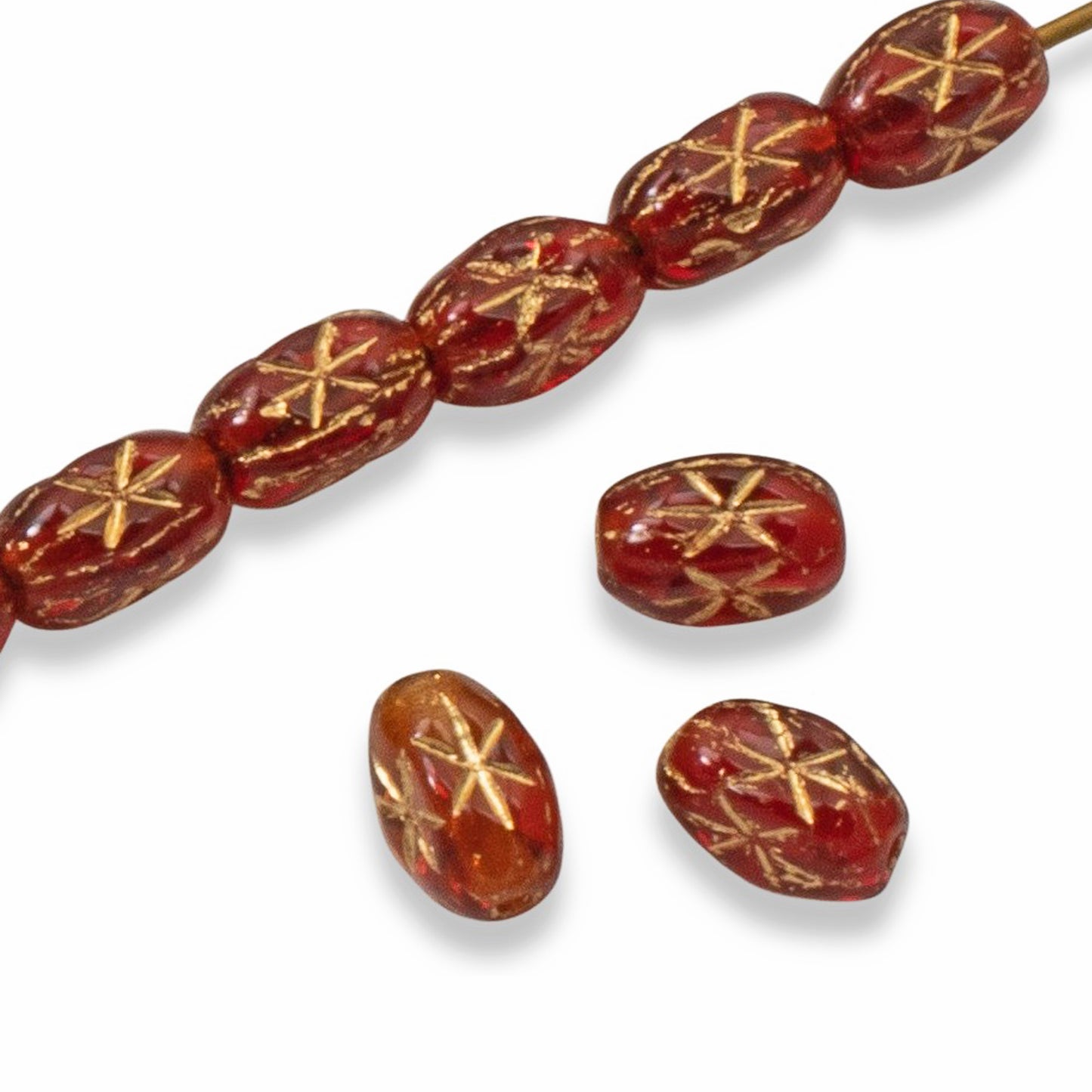 Red Rice Beads Gold Star, 50-Pack Czech Glass Christmas Holiday Jewelry
