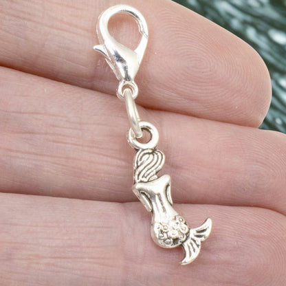 Silver Mermaid Clip-on Charm, Ocean Theme Purse Accessory, Beach Jewelry for Bags, Keychains, Zippers