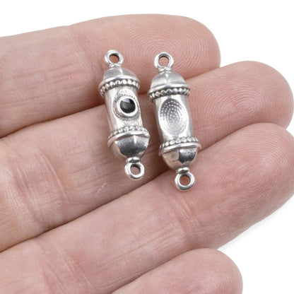 Silver Prayer Amulet Pendant 2Pcs, Antique Deco Connector with Black Enamel, Spiritual Jewelry Supply