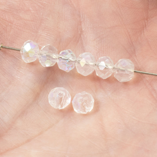 50 Sparkling Clear Glass Beads, Faceted Rondelle + AB Finish for DIY Jewelry