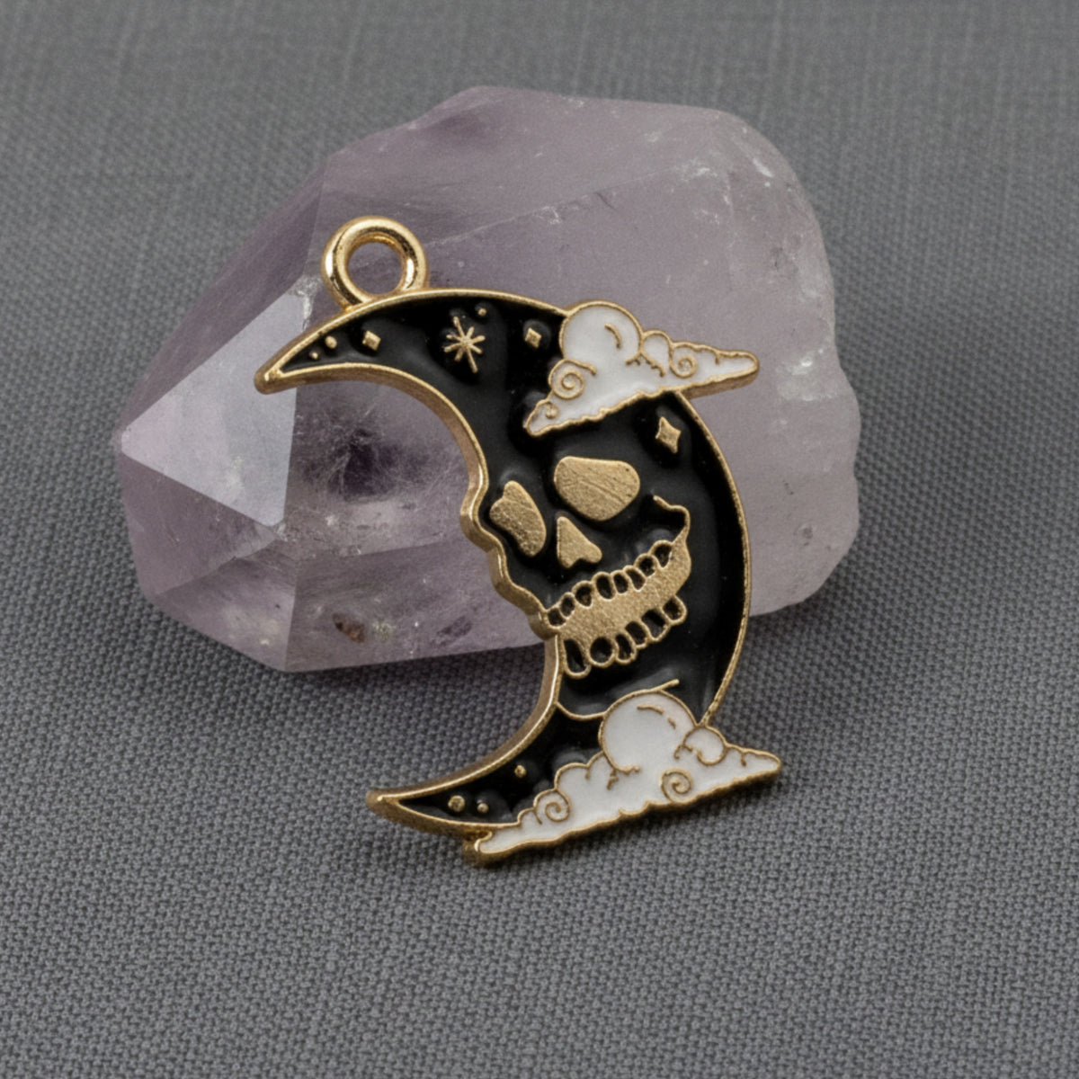 Skull Moon Charms 4-Pack, Gothic Black Gold Enamel Pendants Halloween Jewelry