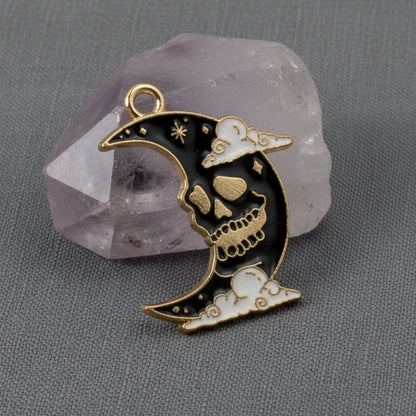 Skull Moon Charms 4-Pack, Gothic Black Gold Enamel Pendants Halloween Jewelry