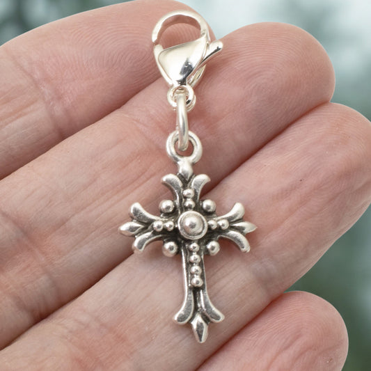 Silver Fleur Cross Clip-on Charm, Religious Bag Charm, Faith Jewelry + Lobster Clasp