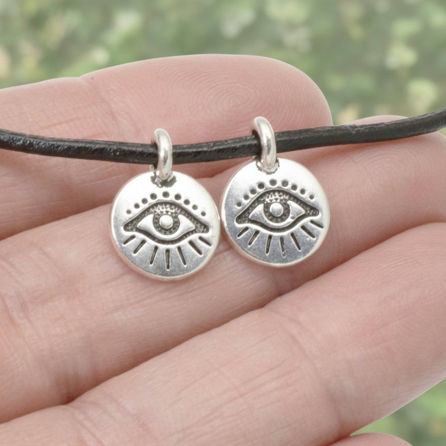 Silver Evil Eye Charm Pendants, Matching Pair for Leather Cord, 2-Pack