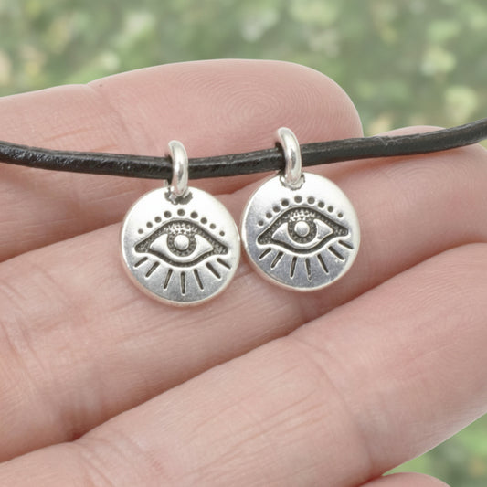Silver Evil Eye Charm Pendants, Matching Pair for Leather Cord, 2-Pack