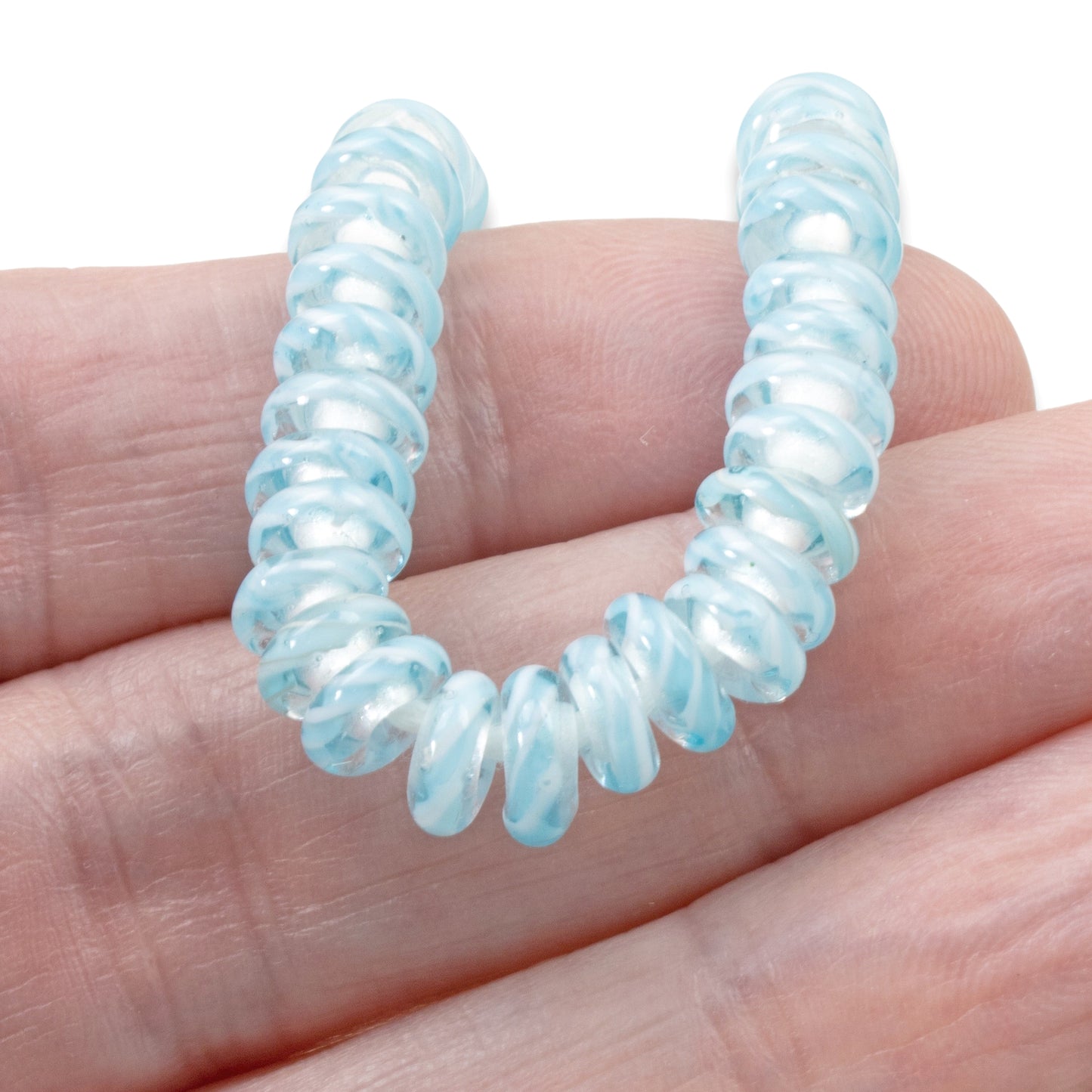 Aqua Blue + White Striped Lampwork Spacer Beads, Glass Beads for Jewelry Making