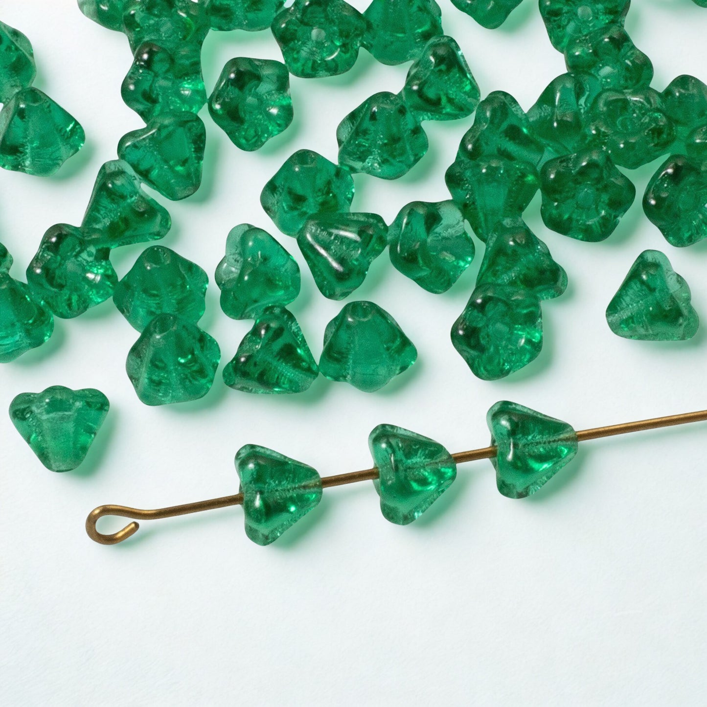 100pcs Teal Green Czech Glass Mini Bell Flower Beads, 4x6mm Spring Garden Beads