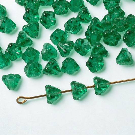 100pcs Teal Green Czech Glass Mini Bell Flower Beads, 4x6mm Spring Garden Beads