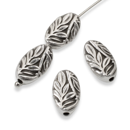 Botanical Leaf Beads, 4-Pack Antique Silver Oval Nature Beads 8x13mm, Jewelry Making