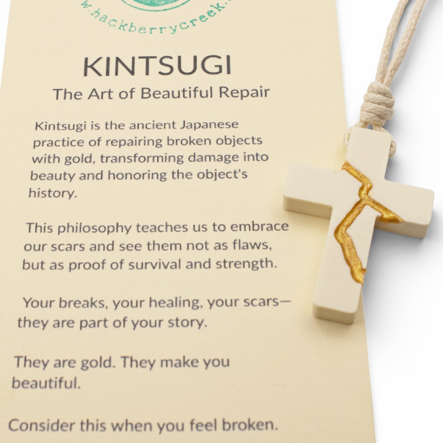 Ivory Kintsugi Cross Necklace, Inspirational Wearable Art, Handmade Pendant, Meaningful Gift, Japanese Philosophy Jewelry