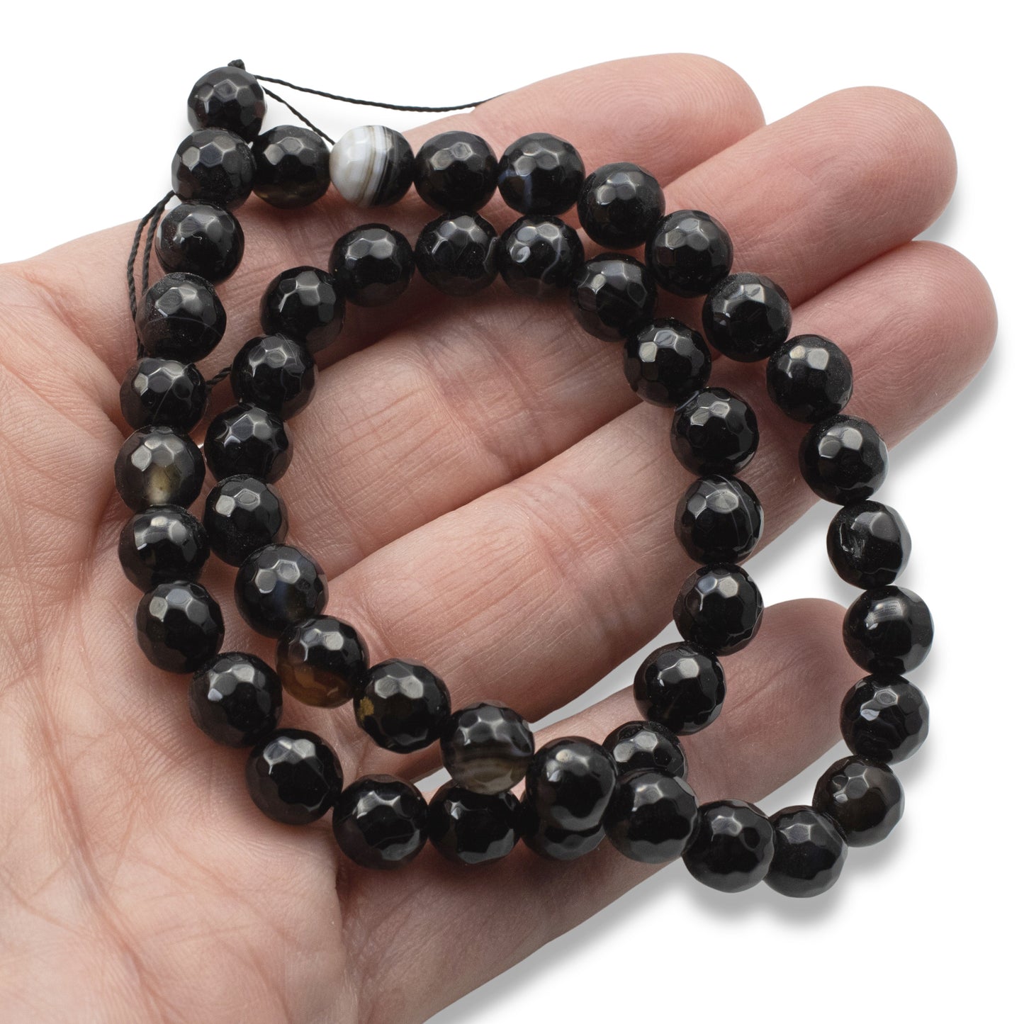 Faceted Black Agate Beads: 8mm Round Gemstone Strand Natural Stone 48 Pcs
