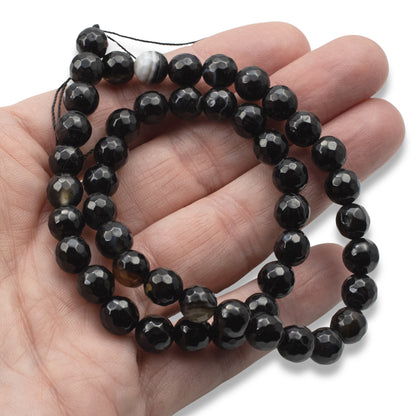 Faceted Black Agate Beads: 8mm Round Gemstone Strand Natural Stone 48 Pcs