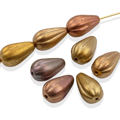 Metallic Rainbow Mix Teardrop Beads: Czech Glass Raven's Journey 13x8mm 8-Pack Gold Bronze Rose Artisan Variety