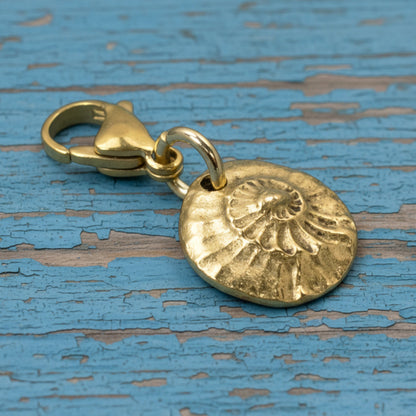 Gold Spiral Shell Clip-On Charm, 24k Gold Plated Pewter, Lobster Clasp