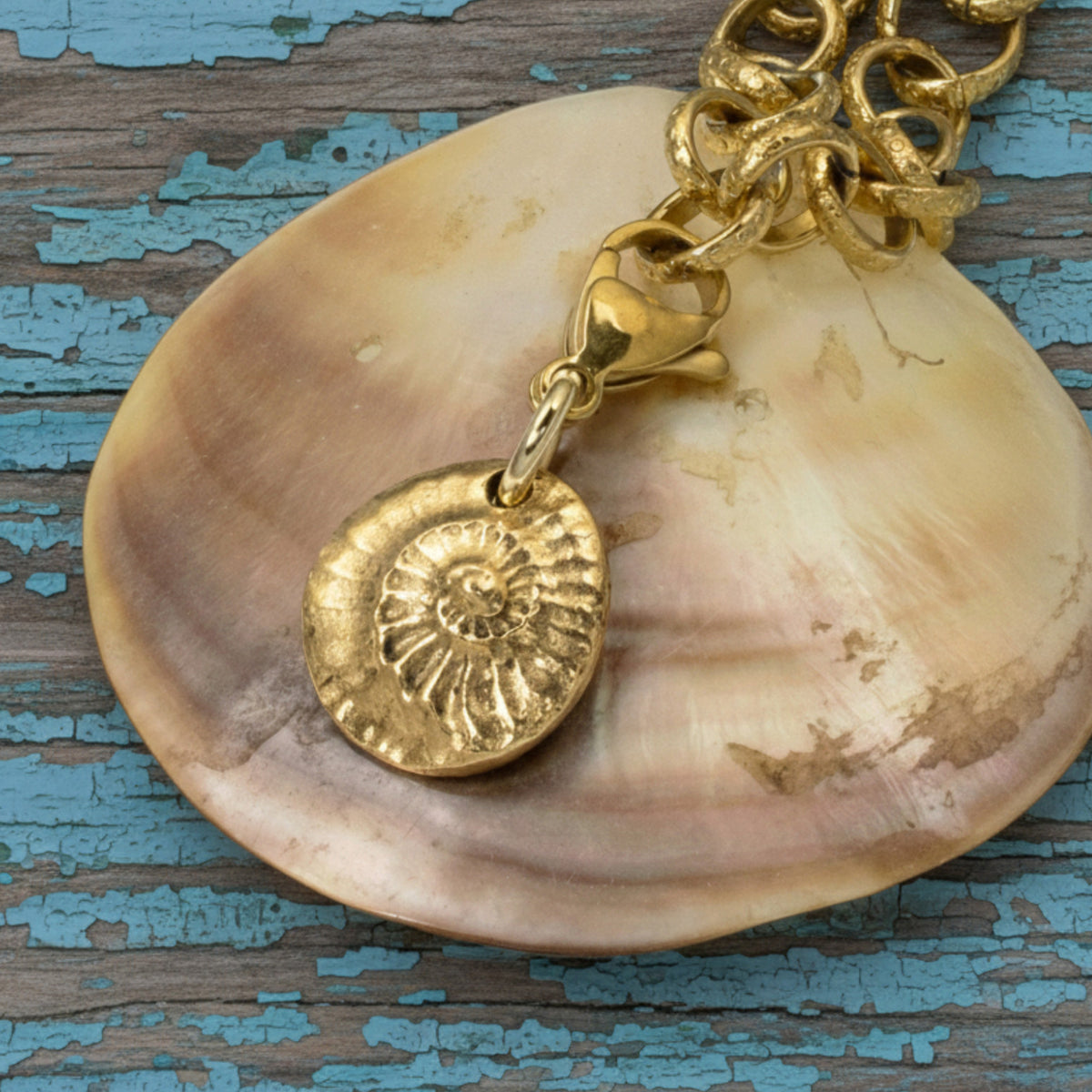 Gold Spiral Shell Clip-On Charm, 24k Gold Plated Pewter, Lobster Clasp