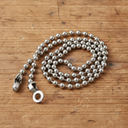 Hackberry Creek nickel-plated steel ball chain for DIY ceiling fan pulls with connectors on a rustic wood surface
