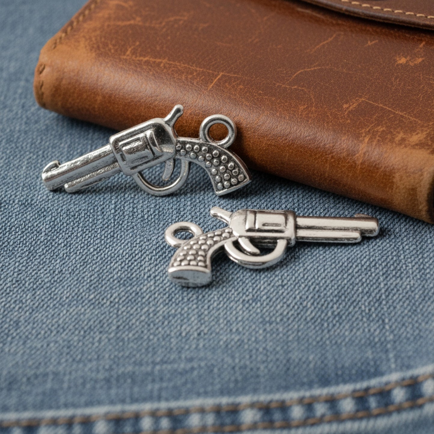 Silver Gun Charm: Revolver Pistol Western Cowgirl Edgy Boho Jewelry Making 20-Pack