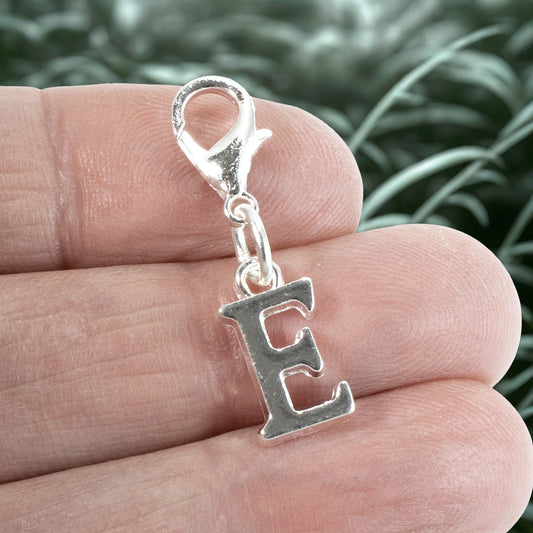 Silver Letter E Charm, Initial Alphabet Clip-On, Personalized Jewelry, Custom Initial Charm