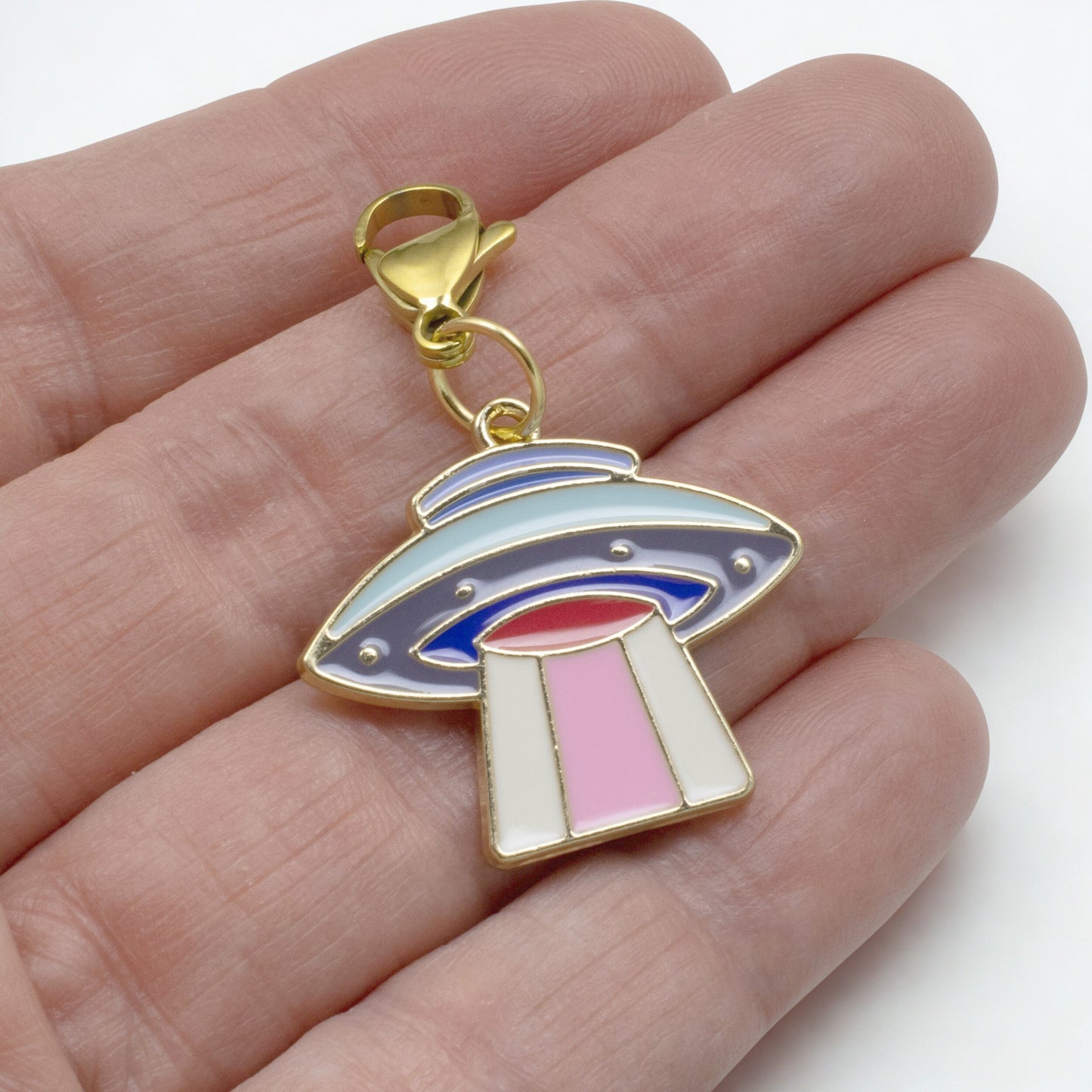 UFO Clip On Charm, Enamel Spaceship Sci-Fi Accessory, Retro Space Lover Gift