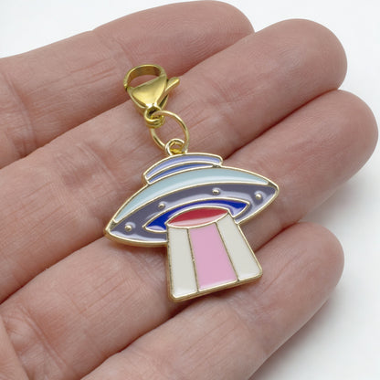 UFO Clip On Charm, Enamel Spaceship Sci-Fi Accessory, Retro Space Lover Gift