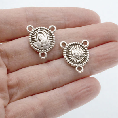 Silver Our Lady Rosary Connector Links, 2-Pack Religious Center Charms, Catholic Jewelry Supplies