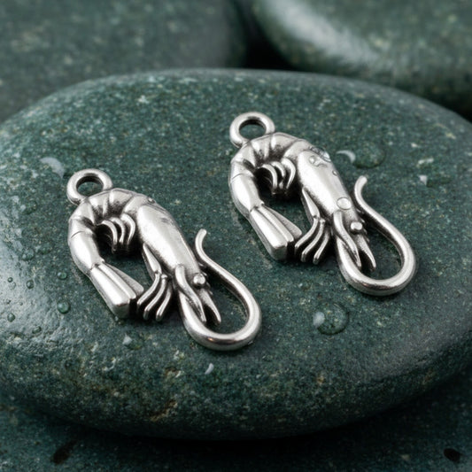 Shrimp Charm Silver Antique: Ocean Coastal Sea Life Boho Pendant 4-Pack