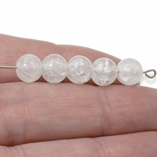 50 White Glass Cracked 8mm Beads - Elegant Round Beads for DIY Jewelry Crafts