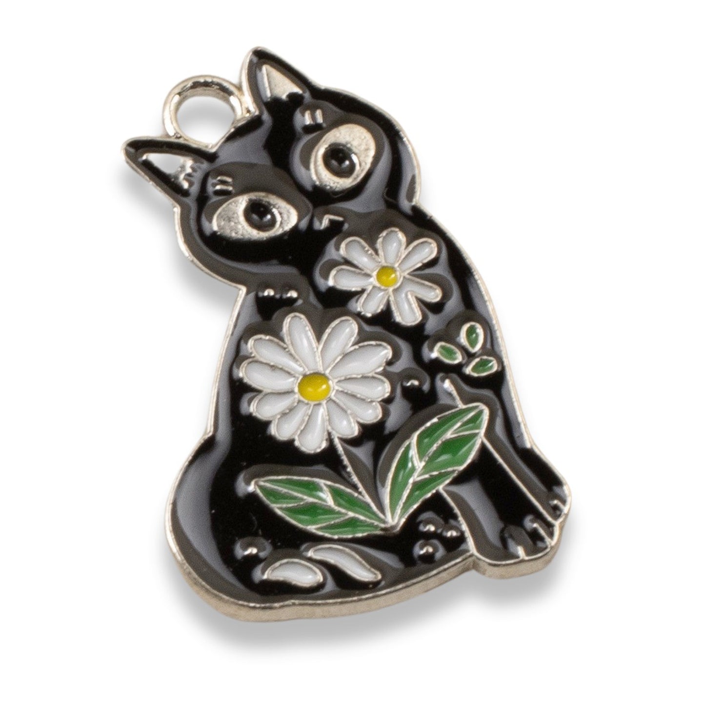 6 Whimsical Black Cat Charms - Daisy-Adorned Enamel Pendants - Cat Lover Gift