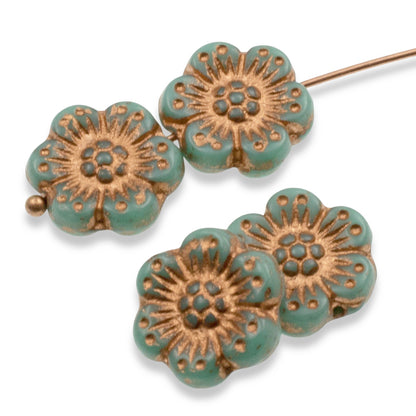 Wild Rose Czech Glass Beads, 8-Pack Turquoise Copper Wash, 14mm Flower Beads