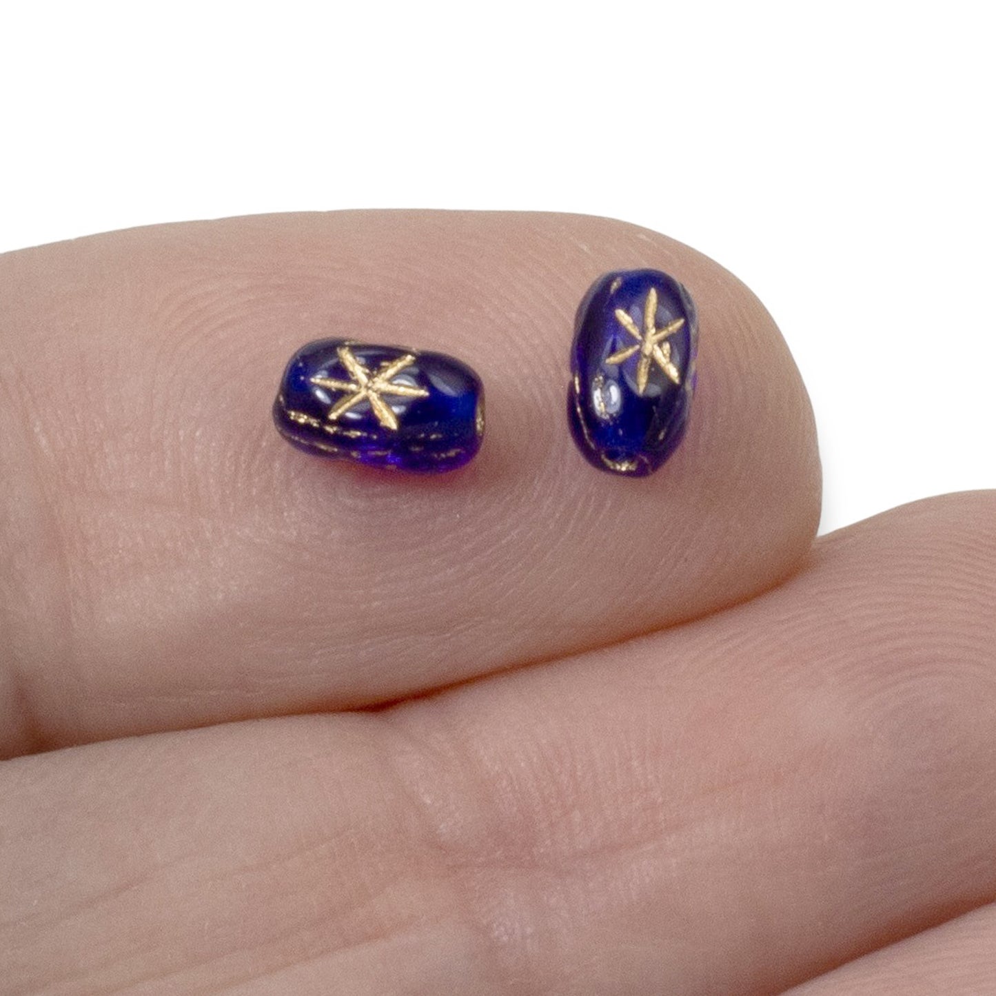 100pcs Cobalt Blue Czech Glass Rice Beads, 6x4mm, Gold Celestial Star Design