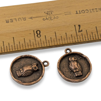 Copper Owl Pendants, Rustic Fall Nature Charm, Woodland Animal Jewelry, USA Made, 2-Pack