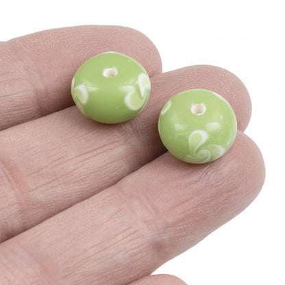 Green Swirl Flower Lampwork Beads: Opaque Lime Rondelle Glass 13mm 10-Pack