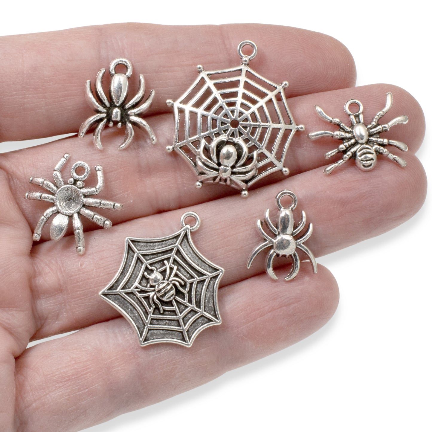 6Pc Creepy Spider Charm Set - Silver Spider & Web Pendants - Halloween Jewelry Supplies