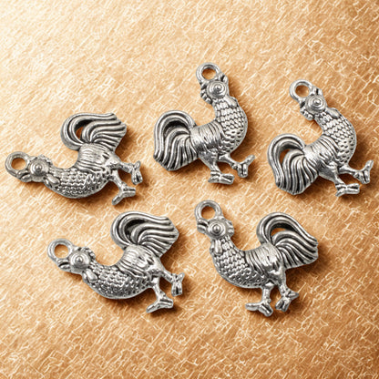 Silver Rooster Charms, 10-Pack Farm Chicken Country Jewelry Making Pendants