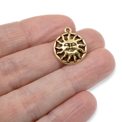 2 Gold Sunshine Charms -TierraCast Sun Face Pendant - Celestial Sun with Rays