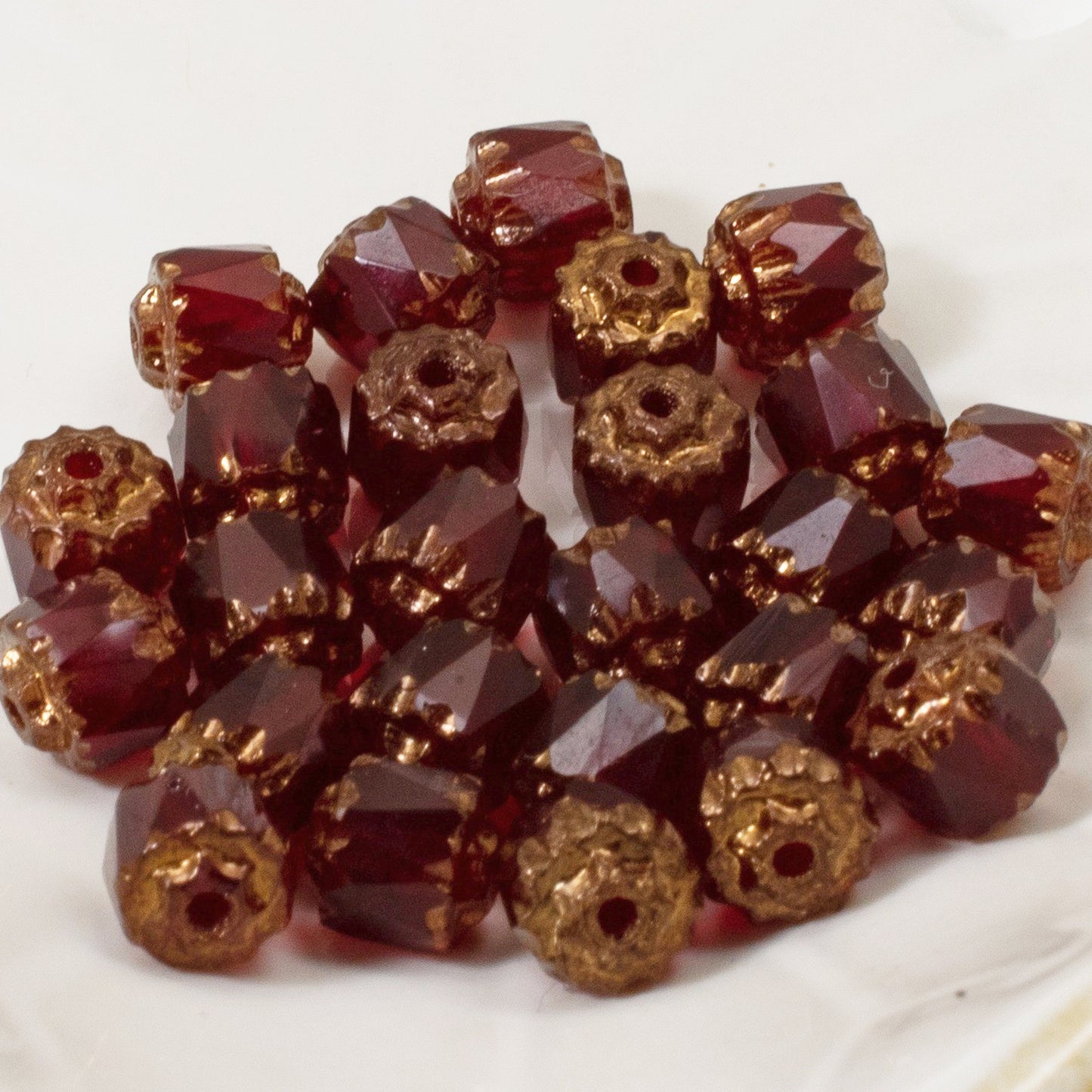 25 Faceted 6mm Crown Cathedral Beads - Garnet Red + Bronze Ends - Czech Glass