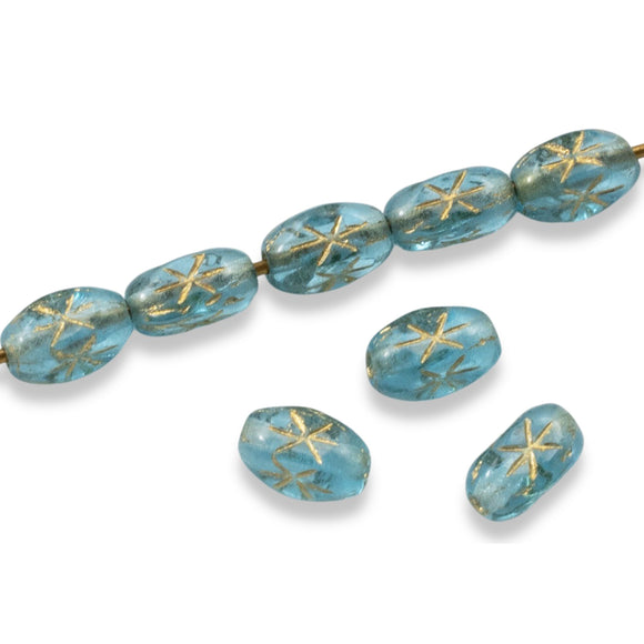 50 Aqua Blue Rice Beads - Etched Gold Star Design - Czech Glass - 6x4mm