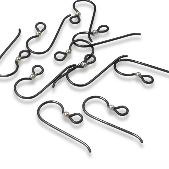 10 Black Niobium Ear Wires + 2mm Sterling Silver Bead, For Sensitive Ears