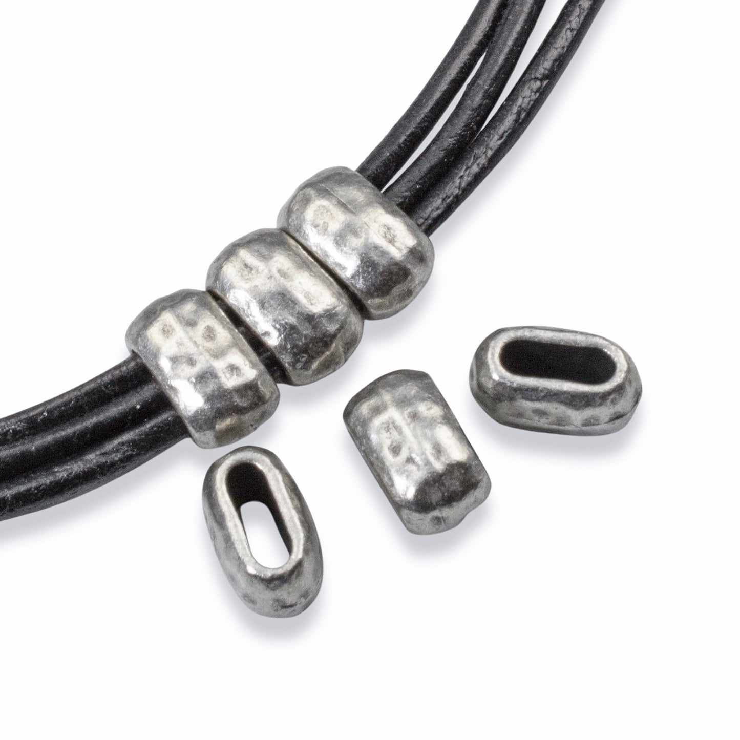 Antique Pewter Barrel Beads: 6-Pack 6x2mm Hole for 2mm Leather Cord, Metal Crimp